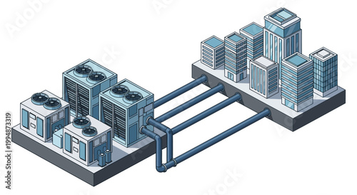 Isometric District Cooling and Heating System Illustration showing Industrial HVAC Units Connected to Modern City Buildings