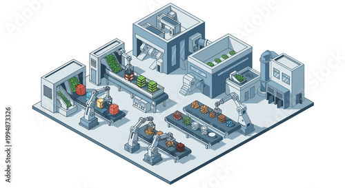 Isometric Automated Smart Factory Illustration with Robotic Arms and Conveyor Belts