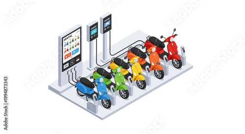 Isometric Electric Scooter Rental Station and Moped Charging Point. Urban Eco-Friendly Transportation Concept