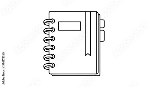 Illustration of a spiral-bound notebook with a pen holder and bookmark ribbon, perfect for students and professionals alike.