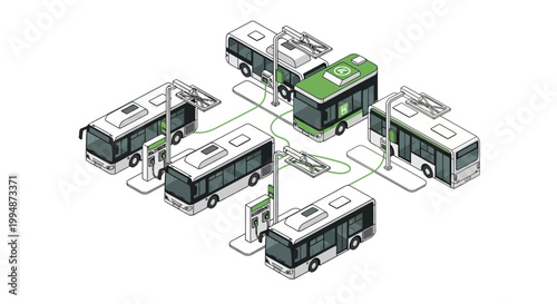Electric Bus Charging Station Isometric Vector Illustration - Sustainable Public Transport Infrastructure and Green Energy Concept
