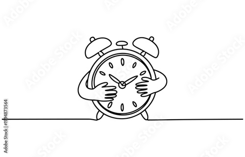Alarm clock character with arms hugging itself self care time management wake up illustration background abstract reminder mechanical character minimalist schedule deadline punctual