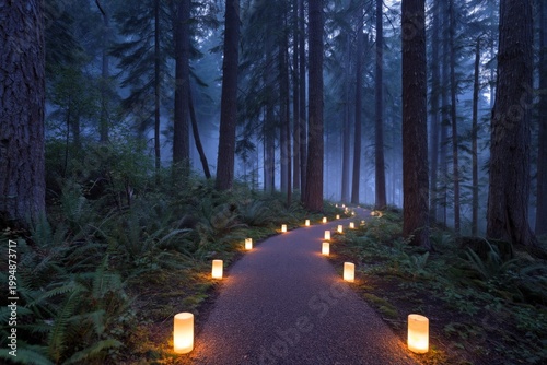 Walking Path With Glowing Lanterns in a Forest at Night