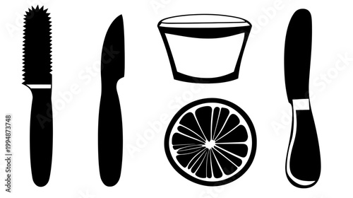 A black and white illustration including a bread knife, a paring knife, a glass, a slice of citrus, and a butter knife