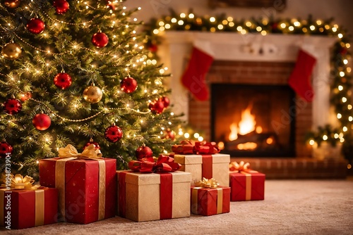 Christmas tree with presents and fireplace, cozy holiday scene decorated lights ornaments