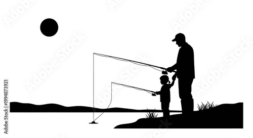 Father and child fishing silhouette scene recreation leisure outdoors