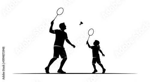 Badminton play silhouette illustration father child concept