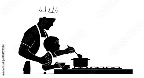 Chef and child cooking together in silhouette kitchen illustration
