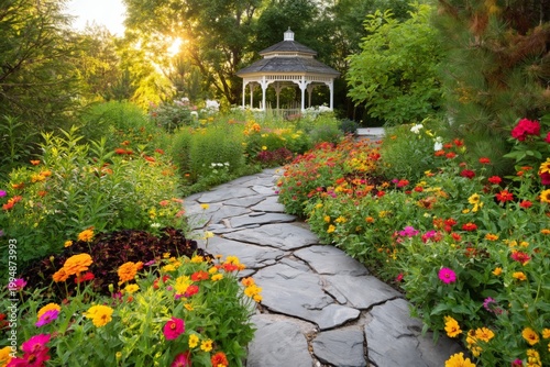 Colorful Flowers Line a Stone Path Leading to a Gazebo in a Garden at Sunset