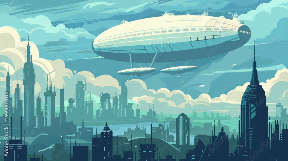 Naklejka premium Airship over stylized city illustration with buildings and clouds in a retro style