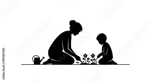Family gardening together silhouette illustration