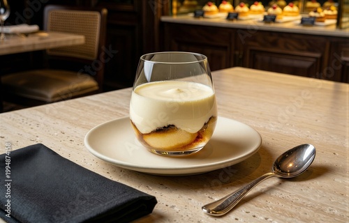 Zabaglione in glass cup with silver spoon on granite countertop. Concept of elegance, indulgence, whipped egg custard with sweet wine, cozy atmosphere, luxurious dining experience.