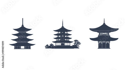Silhouettes of three traditional Eastern pagodas, varying in design, against a white backdrop
