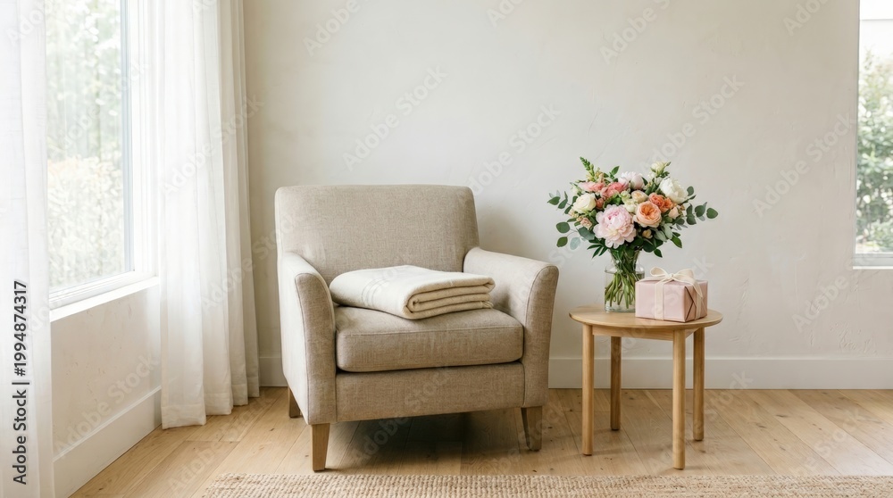 Naklejka premium Single armchair with folded blanket, bouquet, and wrapped gift beside