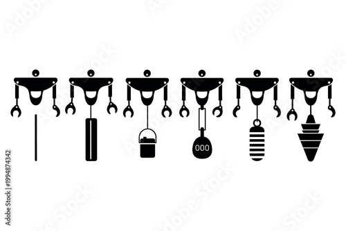 Black and white illustration of plumb bobs and surveying tools