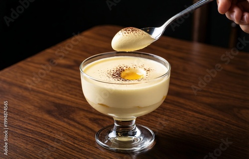 Zabaglione dessert in glass on wooden table, creamy texture with cocoa powder. Concept of indulgence featuring whipped egg custard with sweet wine, enhancing taste experience.