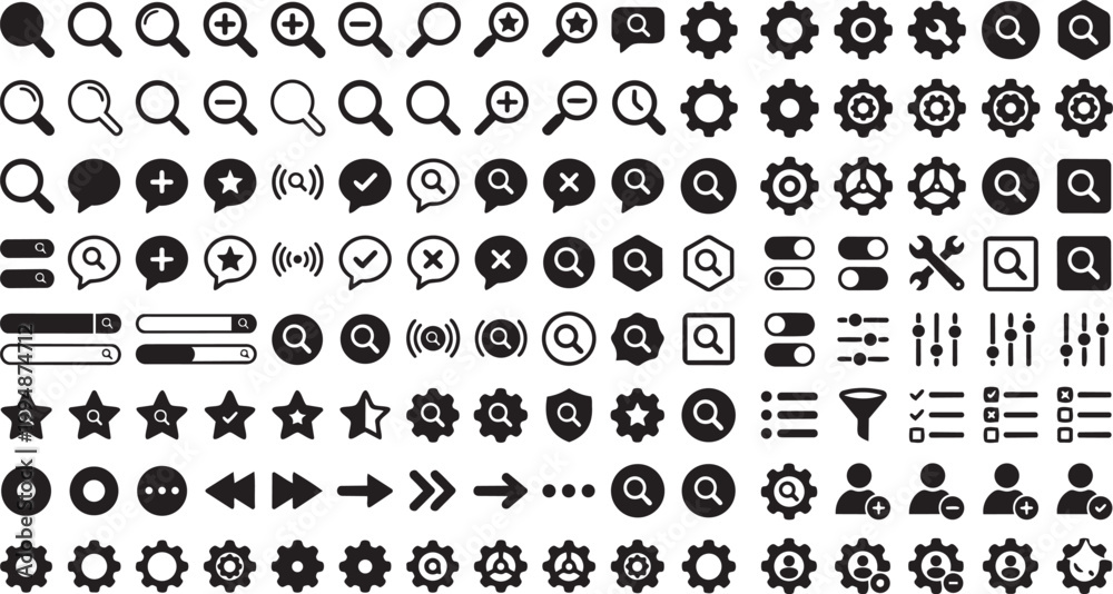 Fototapeta premium Search and Settings Icons Set UI Elements Minimal Vector Silhouette