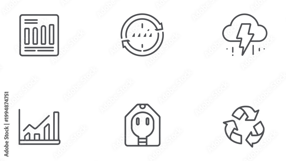 Fototapeta premium Set of Simple Icon: A collection of simple, minimalistic icons representing data analysis, time, weather, and environmental concepts. Clean lines and modern design.