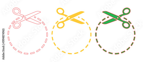 Set of 3 Colorful Scissors with Dotted Cut Lines Vector
