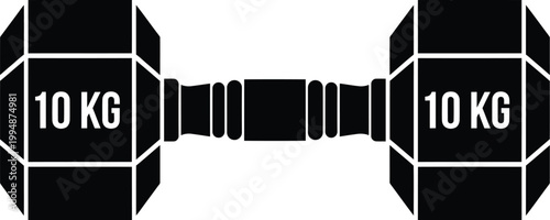 This simple graphic illustration features a black hex dumbbell weighing 10 kg for fitness training