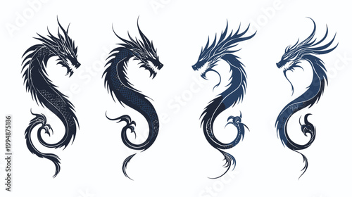 Four stylized dragon illustrations. Each in a different shade and pose, against a white background