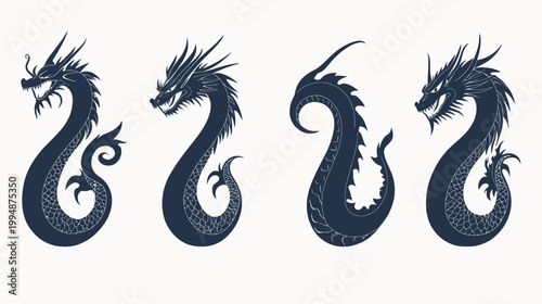 Four stylized dragon silhouettes in a row, dark blue, textured, facing different directions