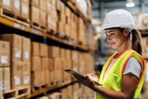 Worker Uses Tablet in Warehouse for Inventory Management During Day Shift