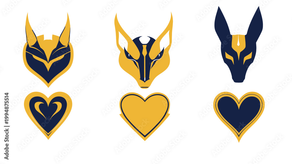 Fototapeta premium Three stylized animal heads above three hearts, featuring contrasting gold and navy designs on white
