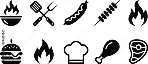 Bbq and grilling vector icon set featuring meat burger sausage chicken leg and outdoor cooking flame.