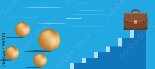 Smart work race conceptualizing a business challenge, featuring a briefcase on a staircase with falling spheres, vector illustration design