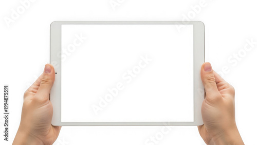 Hands holding tablet screen isolated on transparent background isolated on transparent background
