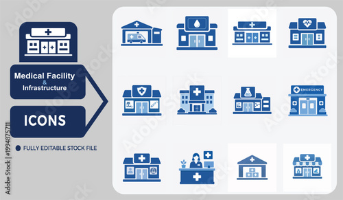 Medical Facility Infrastructure Icon Pack, Healthcare Buildings Flat UI Pictogram Set for Apps and Web