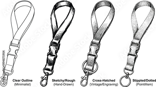 Set of four hand-drawn lanyards with buckles and clasps, illustrated in diverse artistic styles like line art, sketch, engraving, and stippling