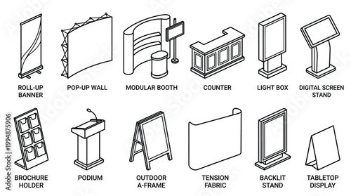 Collection of twelve diverse exhibition display stands and advertising elements, presented as clean black outline icons with a minimalist design