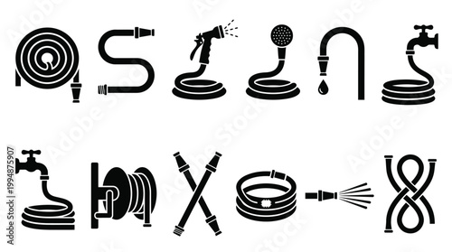 Various black silhouette garden hose icons and symbols illustrating different uses and states of watering equipment, presented in a clean, graphic style