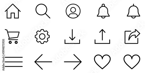 user interface icons set including home search profile cart settings download upload share arrow heart menu notification symbols for app ui navigation web mobile dashboard controls clean line style