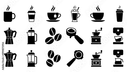 Coffee espresso cup beans grinder frenchpress mokapot barista caffeine drink icons set featuring mug latte cappuccino machine filter brewing tools isolated collection  