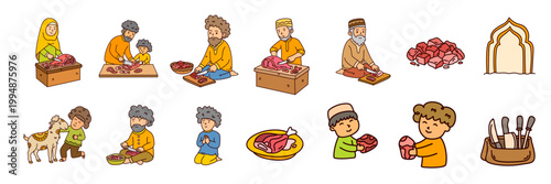 professional butcher and community members preparing qurban meat for eid adha feast