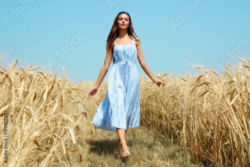 Woman Walks Through Golden Wheat Field Wearing Blue Dress on Sunny Day
