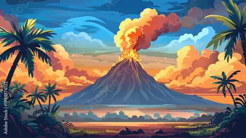 Volcanic eruption landscape illustration with palm trees and dramatic sky