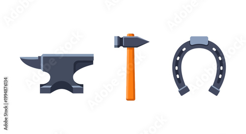Industrial tools icons featuring anvil hammer and horseshoe in flat