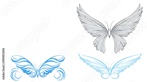 Artistic representation featuring three butterfly illustrations, colored in various shades, with watercolor techniques
