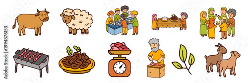 collection of islamic festival icons including livestock meat and community food sharing
