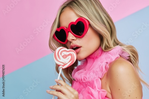 Young Woman With Heart-Shaped Glasses Holds a Lollipop Against a Colorful Bac...