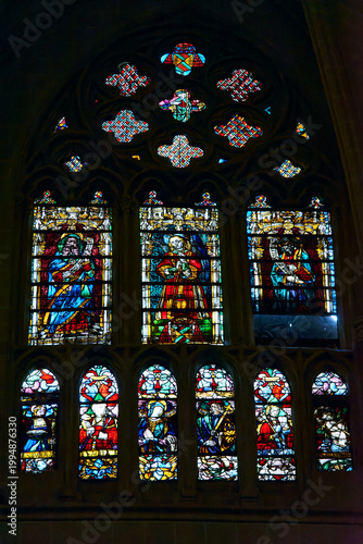 Stained glass windows of Holy Primate Cathedral Church of Saint Mary, Toledo, Castilla-La Mancha, Spain.