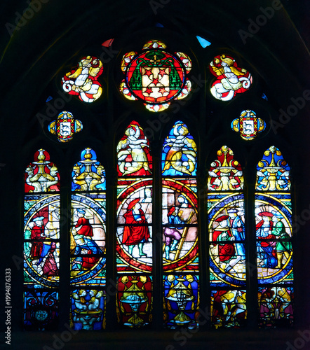 Stained glass windows of Holy Primate Cathedral Church of Saint Mary, Toledo, Castilla-La Mancha, Spain.