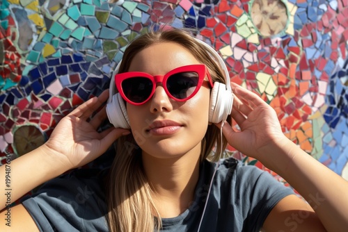 Woman Wearing Pink Sunglasses Listens to Music at a Colorful Mosaic Wall Duri...