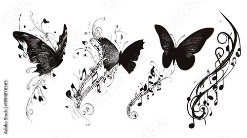 Black and white art featuring butterflies with musical notes and decorative botanical elements