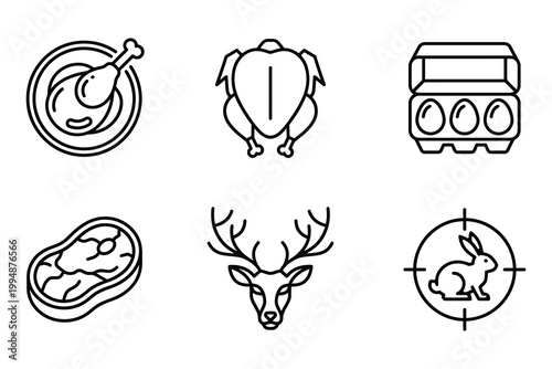 Fresh meat poultry game animal food icons collection for culinary and menu design with culinary wildlife nutrition shopping