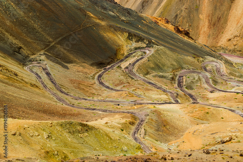 Zigzag road - famously known as jilabi road at old route of Leh to Srinagar Highway, Ladakh, Jammu and Kashmir, India. scenic and popular route through the stunning landscapes of Himalayan mountains.
